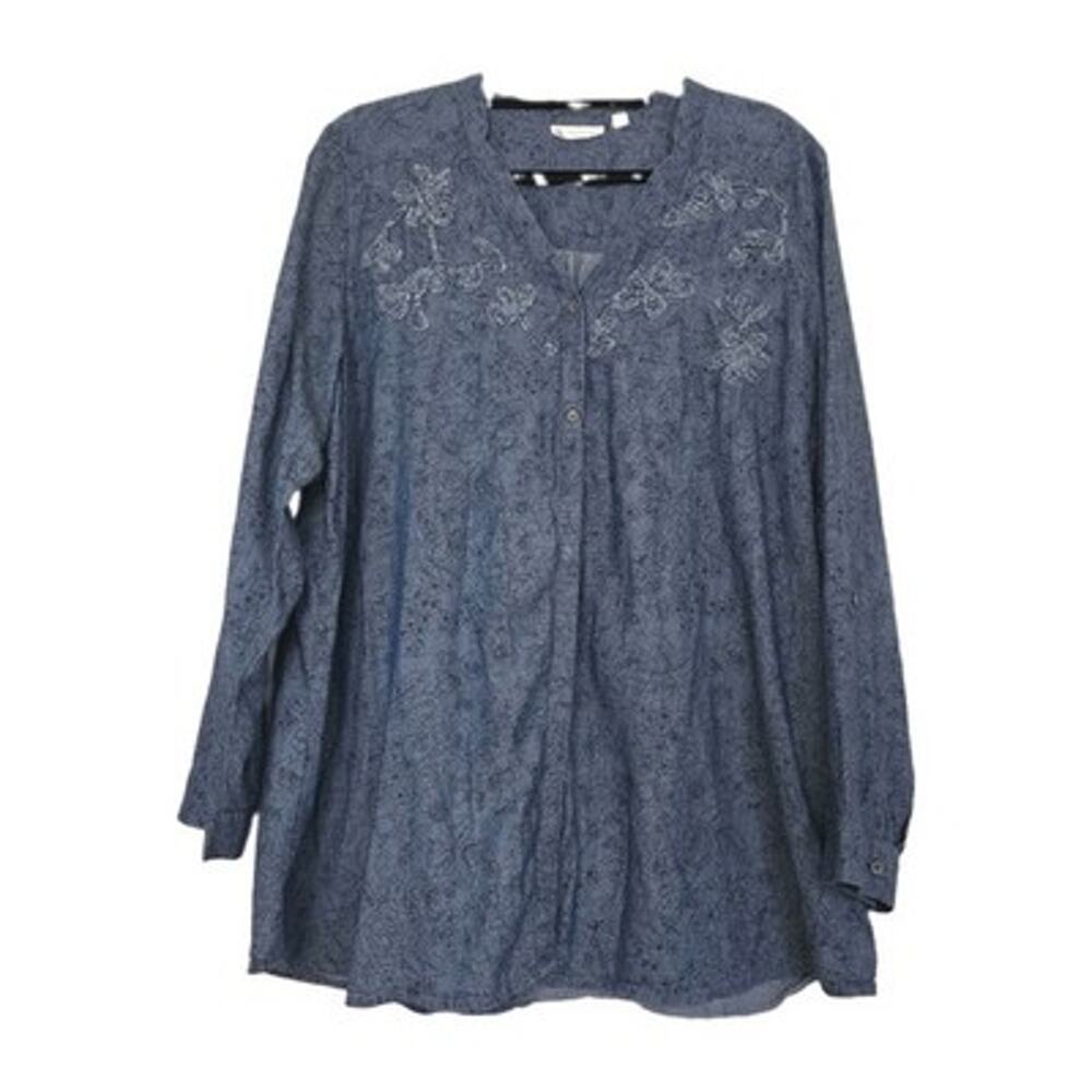 J Jill Uncommon Threads Chambray Tunic Top Womens S Embroidered Blue Cotton Boho